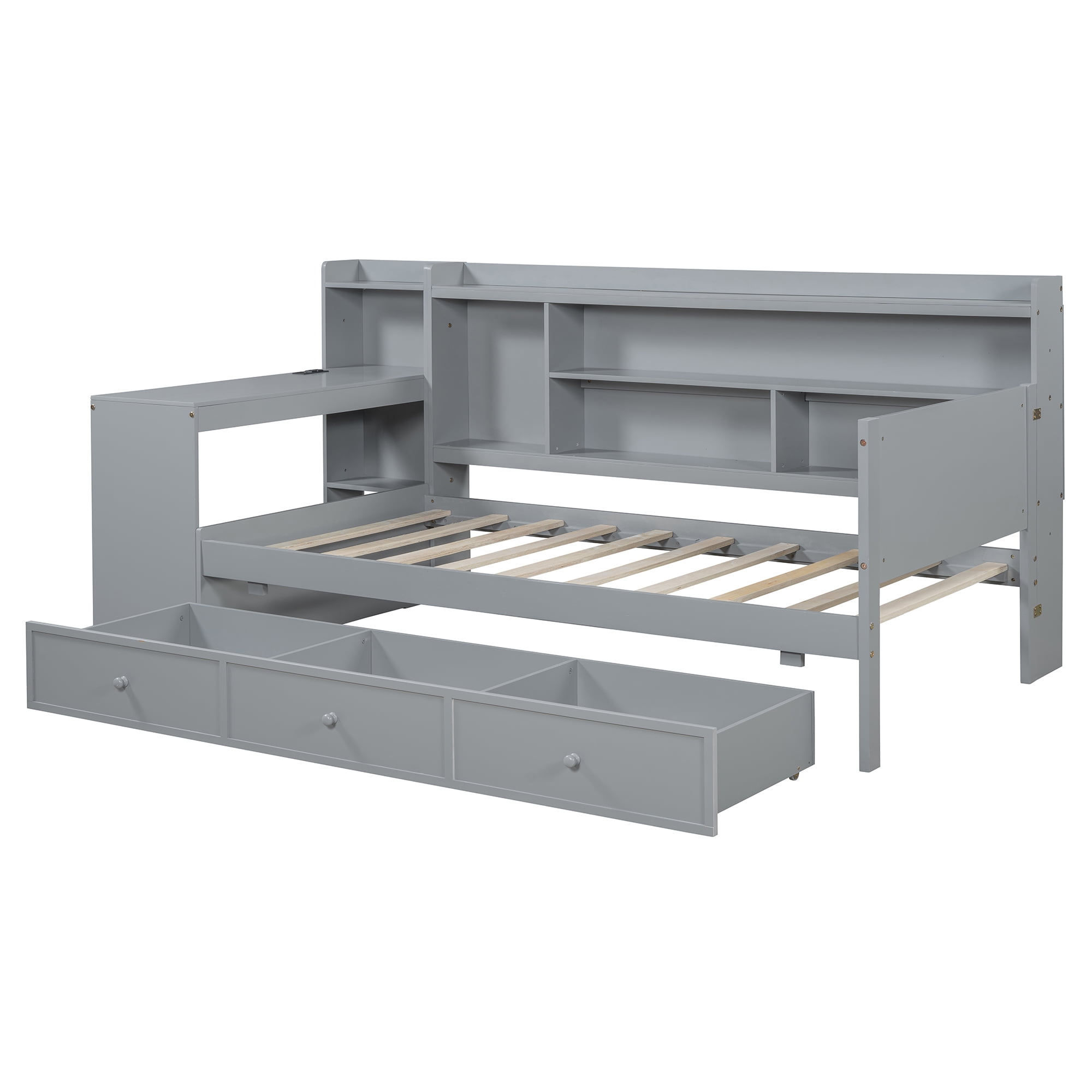 Mintazer Twin Platform Bed with Desk & Charging Ports, Wooden Bed Frame with Storage Shelves & 3 Drawers for Bedroom Playroom Guest Room, Grey
