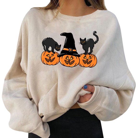 Women Oversized Halloween Hoodies Pullovers Graphic Print Round Neck Long Sleeve Sweatshirt Beige Hoodies for Women
