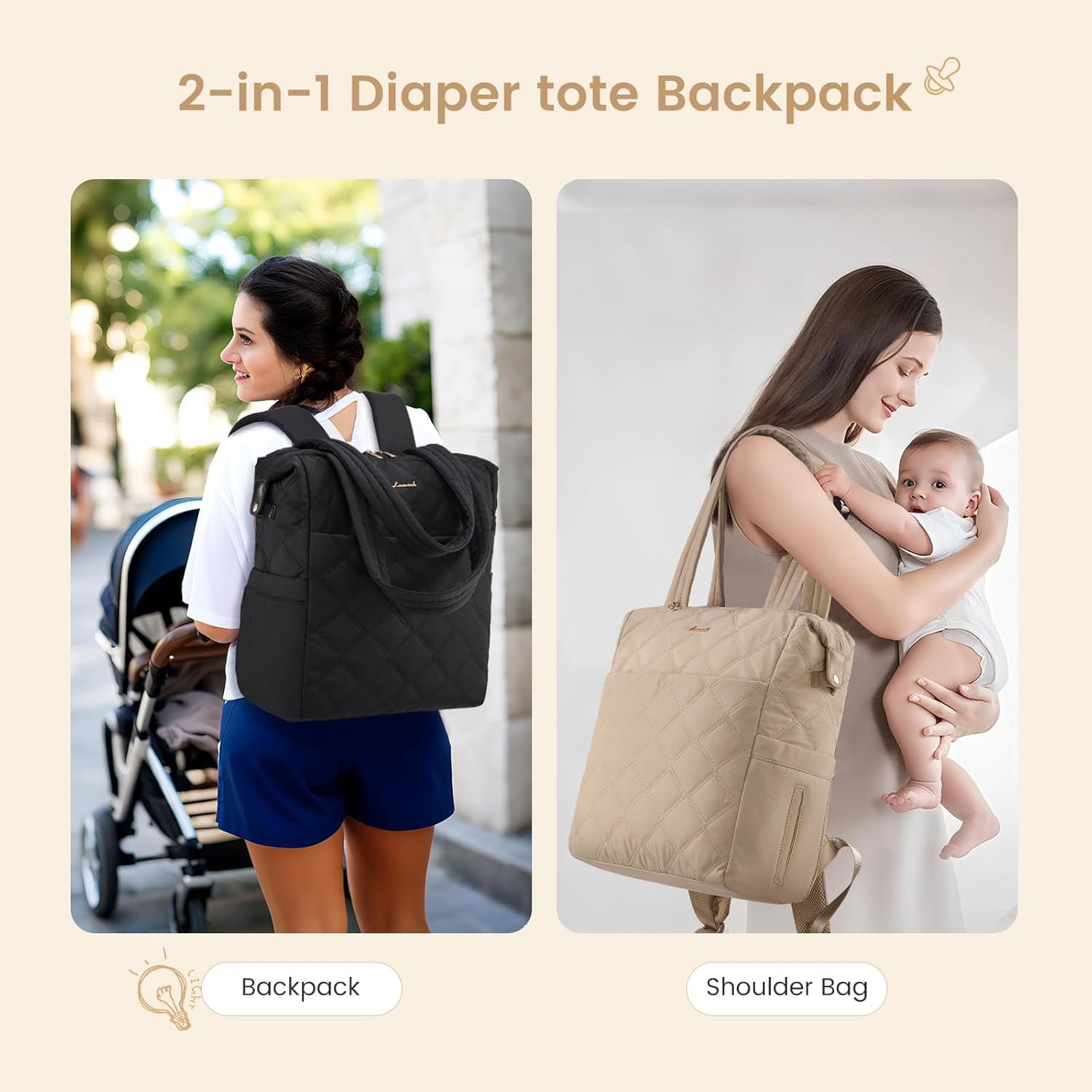 LOVEVOOK Diaper Bag Backpack,Diaper Bag Tote for Mom Dad with Changing Pad,Insulated Pockets, Convertible Lightweight Baby Backpack with Pacifier Case（Khaki）