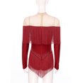 thumbnail image 5 of Rswnyirn Women Tassel Latin Dance Leotard Long Sleeve Shiny Fringe Tango Salsa Cha-Cha Bodysuit Burgundy XXL, 5 of 6