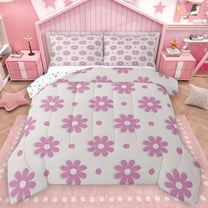 Homewish Cartoon Flower Queen Comforter Set,Cute Floral Blossom Bedding Sets,Pink Gray Bedding Comforter Set For Girls,Microfiber Bedroom Decor Reversible,3-Piece