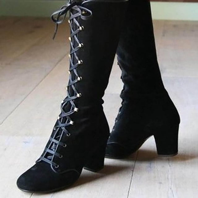 LSLJS Women Rétro Shoes Décontracté Épais à Talon Bas Grande Taille Mid Calf Lacets