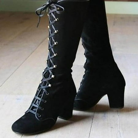 

YOTAMI Women s Boots Boots Retro Shoes Casual Thick Low-heeled Boots Plus Size Mid Calf Lace Up Boots Trendy