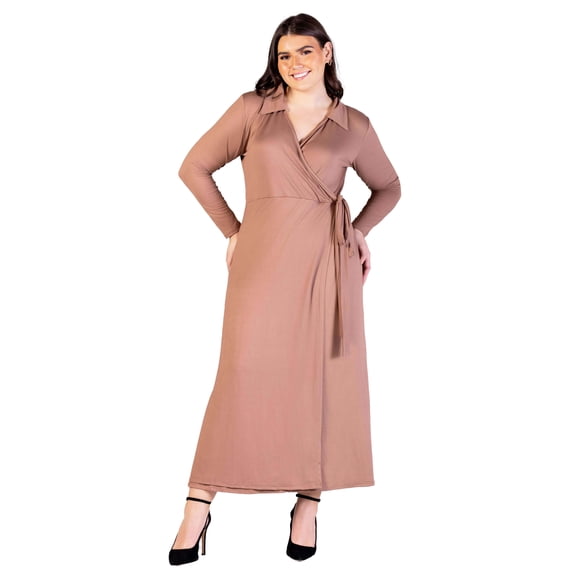 Plus Size Collared Long Sleeve Wrap Maxi Dress