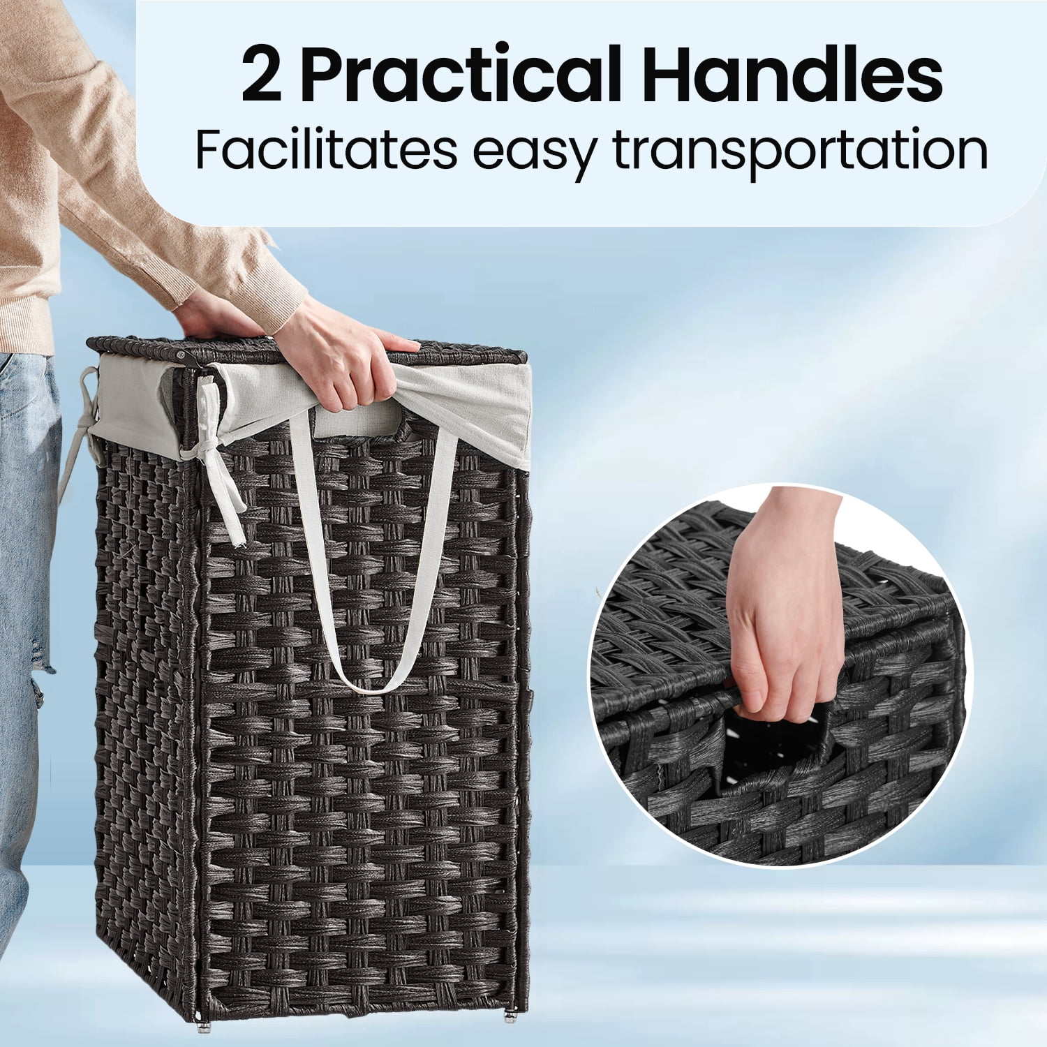 LEDREM Foldable Laundry Hamper with Removable Liner & Lid – 23.8 Gallon (90L) Synthetic Rattan Basket, Handles, Space-Saving for Bedroom，Bathroom, Black