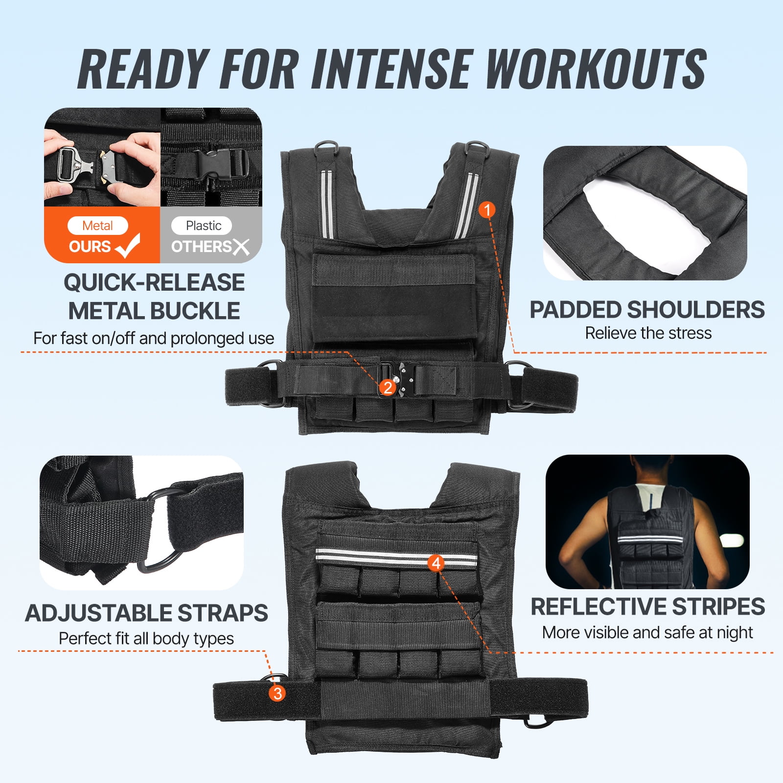 KFFKFF Adjustable Weighted Vest, 35lb Exercise Vest with Iron Weights, Shoulder Padding, and Reflective Stripes, Fitness Vest for Men and Women, Training Gear for Running and Strength Workouts