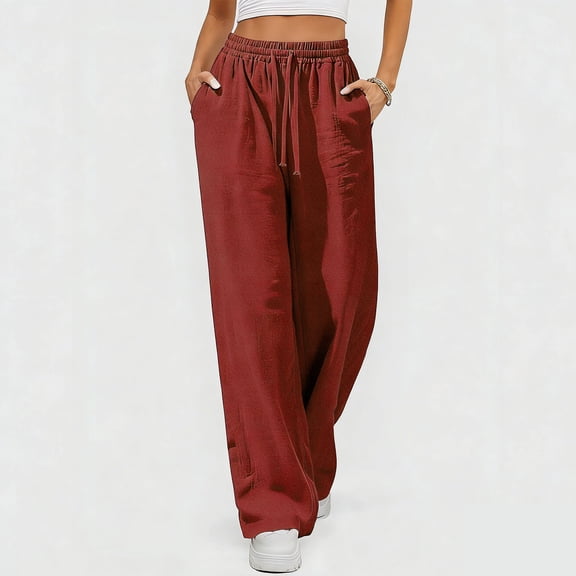 WHLBF Pants for Women Fashion Casual High Waist Loose Pocket Straight Solid Long Pleated Linen Pants Red M