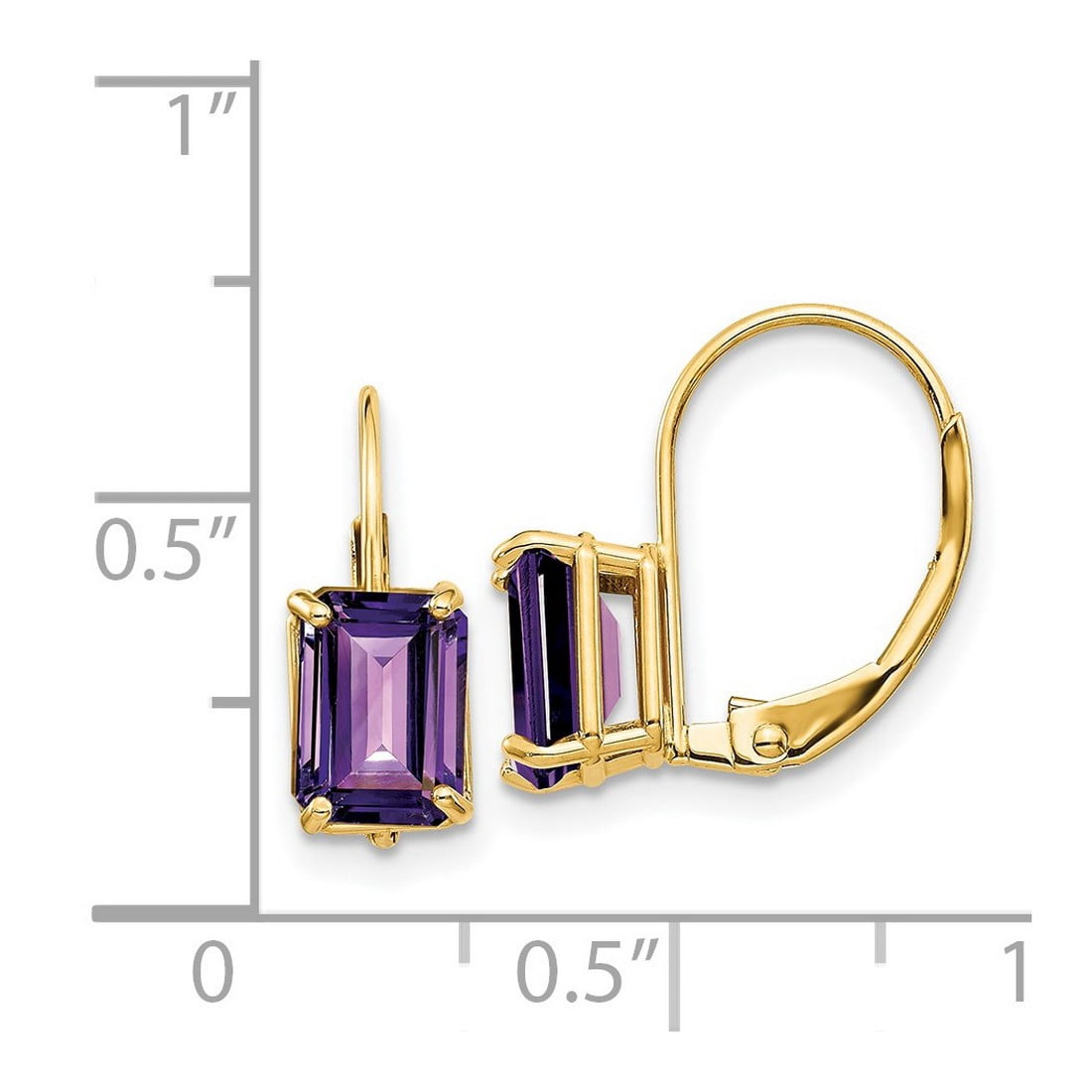 14k Yellow Gold Polished Leverback 7x5mm Emerald-Cut Amethyst Earrings 16x5mm Wide Stud Earring for Women