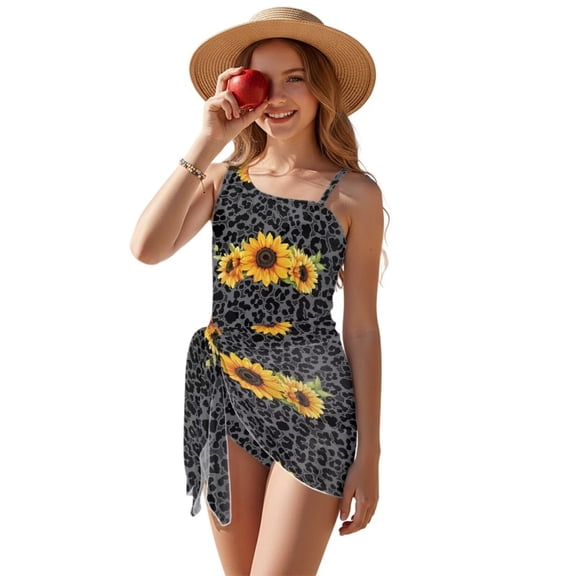 Xoenoiee Sunflower Leopard Print Girls Swimsuits Halter One Piece Bathing Suit with Cover Up Skirt Adjustable Strap Teen Girl Swimsuit Swimwear Set, 7-8 Years