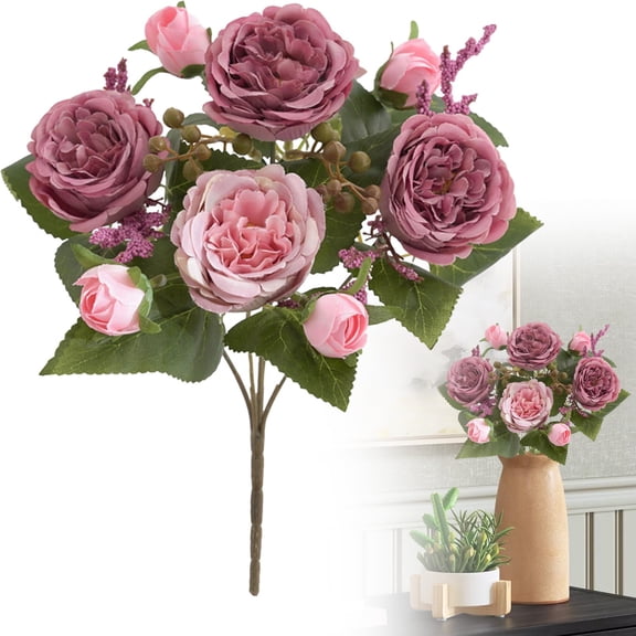1Pc 5 Heads Faux Peony Arrangement,Real Touch Artificial Peony Flowers Silk Bouquet for Home Decor Centerpieces Wedding Party,Deep Pink
