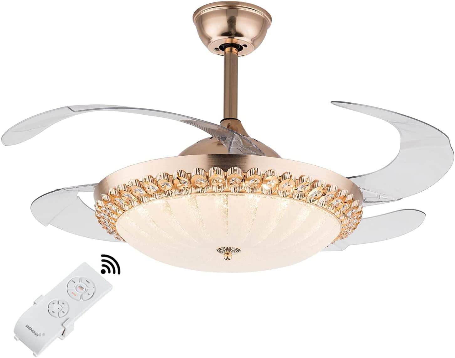 Modern Ceiling Fan with Lights and Remote Control 42 Retractable Chandelier Fan Lamp 3-Color Change and 3-Speed Setting Fandelier for Home Decoration Living Room Kitchen 