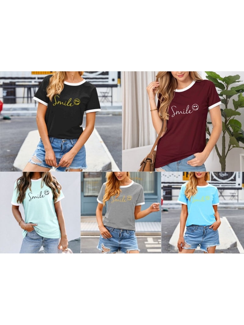 ZXSXSY Womens Summer Cute Smile Face Funny T-Shirts Trendy Graphic