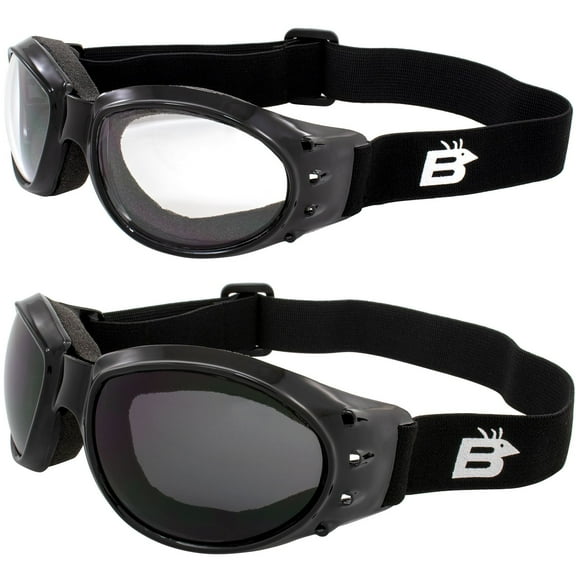 Birdz Eyewear Bald Eagle Padded Motorcycle Riding Safety Goggles 2 Pairs Black w/Clear & Smoke Lenses Dirt Bikes ATV Skydiving