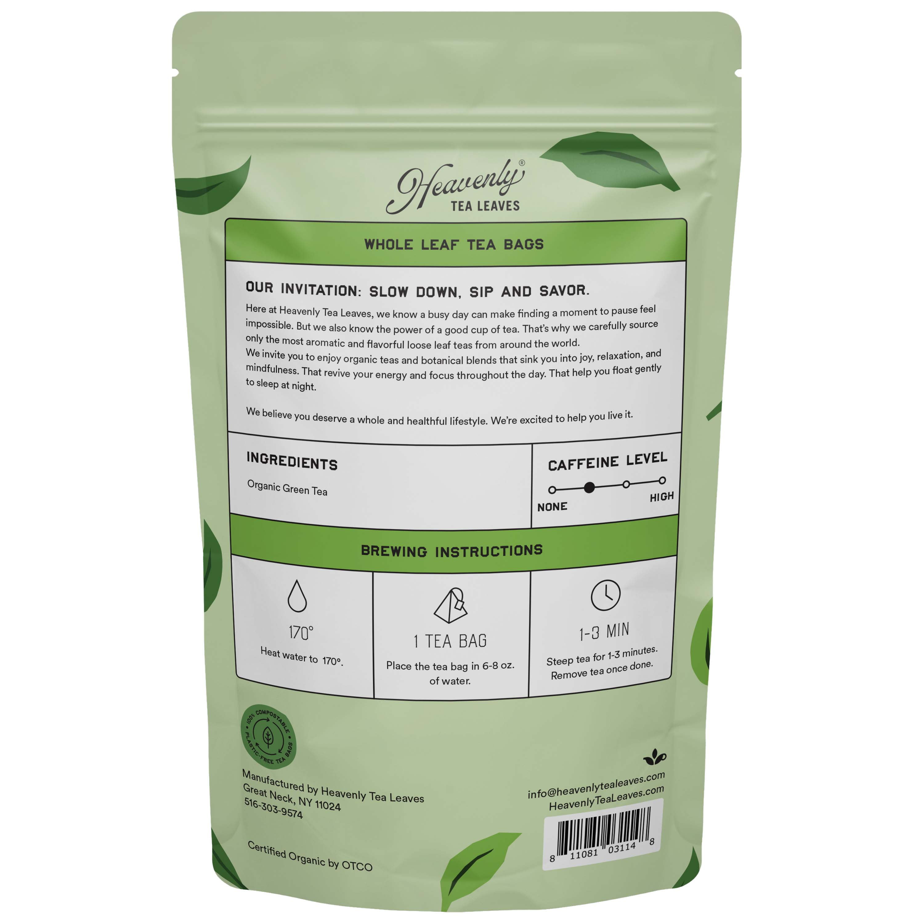 Heavenly Tea Leaves Organic Jasmine Green, Compostable Pyramid Tea Bags (50 Count)
