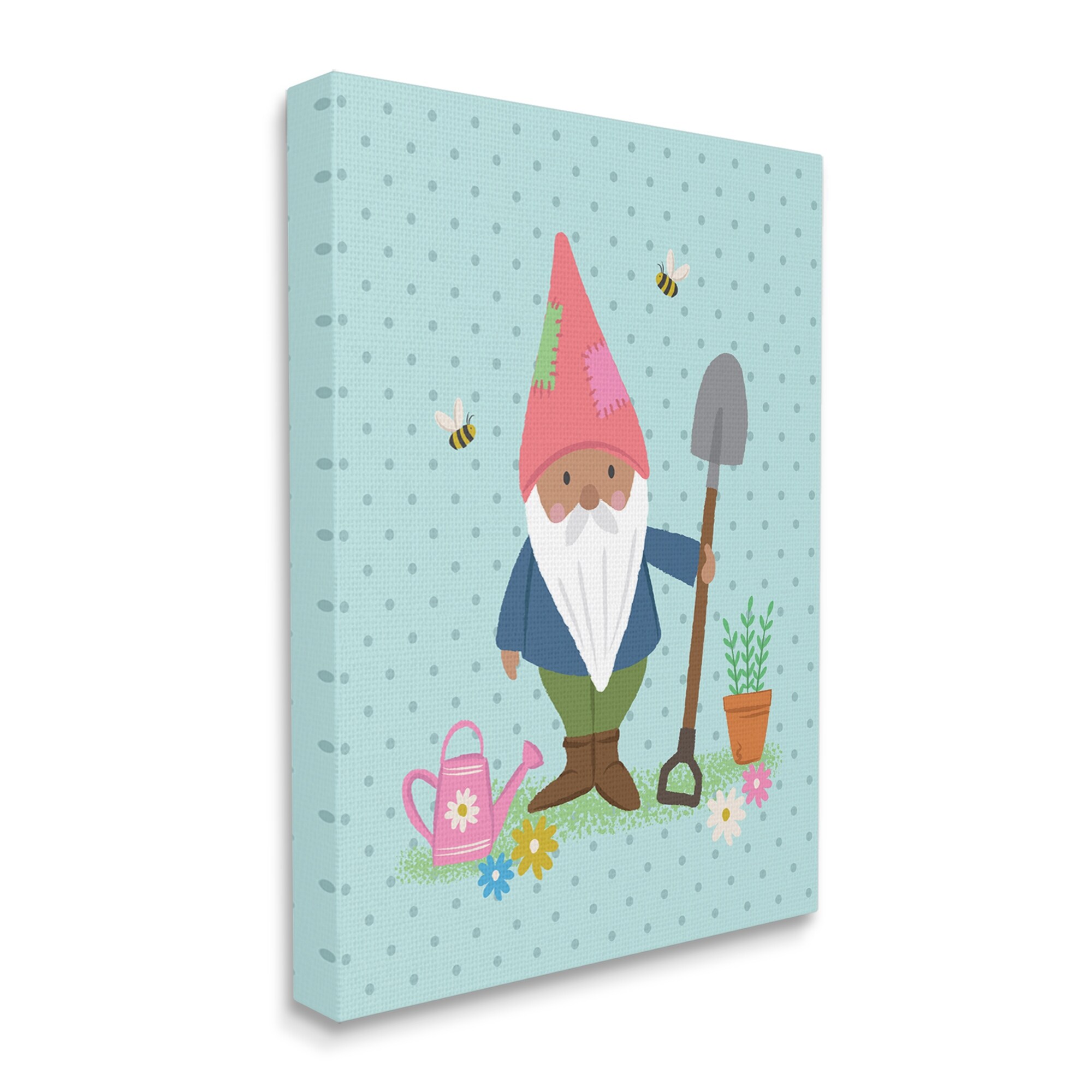 Stupell Industries Blue Polka Dot Gnome Gardening Flower Pot Bees Canvas Wall Art, 16 x 20, Design by Lisa Perry Whitebutton