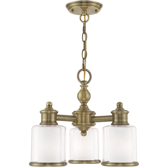 3 Light Antique Brass Convertible Mini Chandelier/Ceiling Light fixture with Clear Glass & Satin Opal White Glass Shade