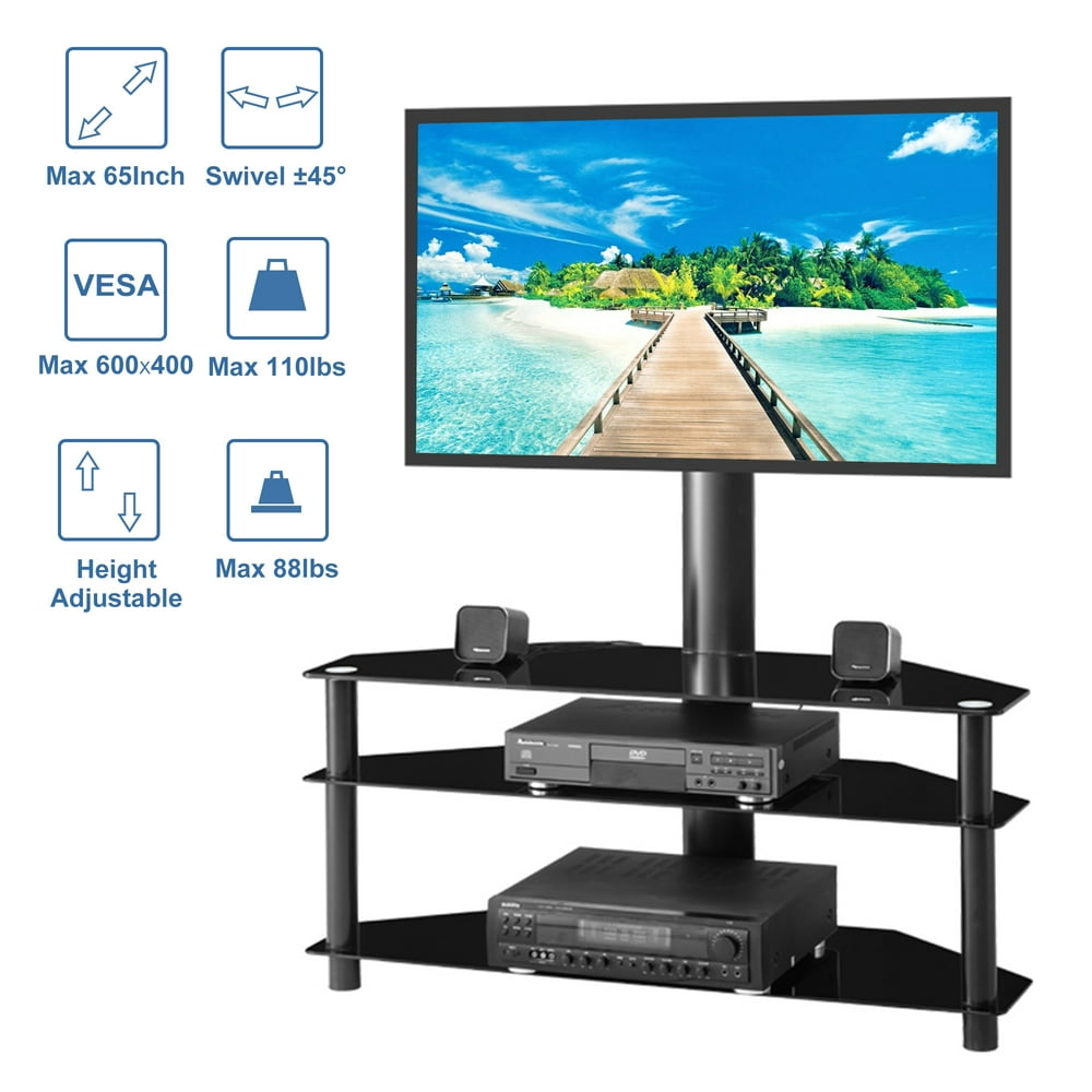 Floor TV Stand, Adjustable 3 Layers 43 Inch TV Stand with Tempered Glass Shelves, Black