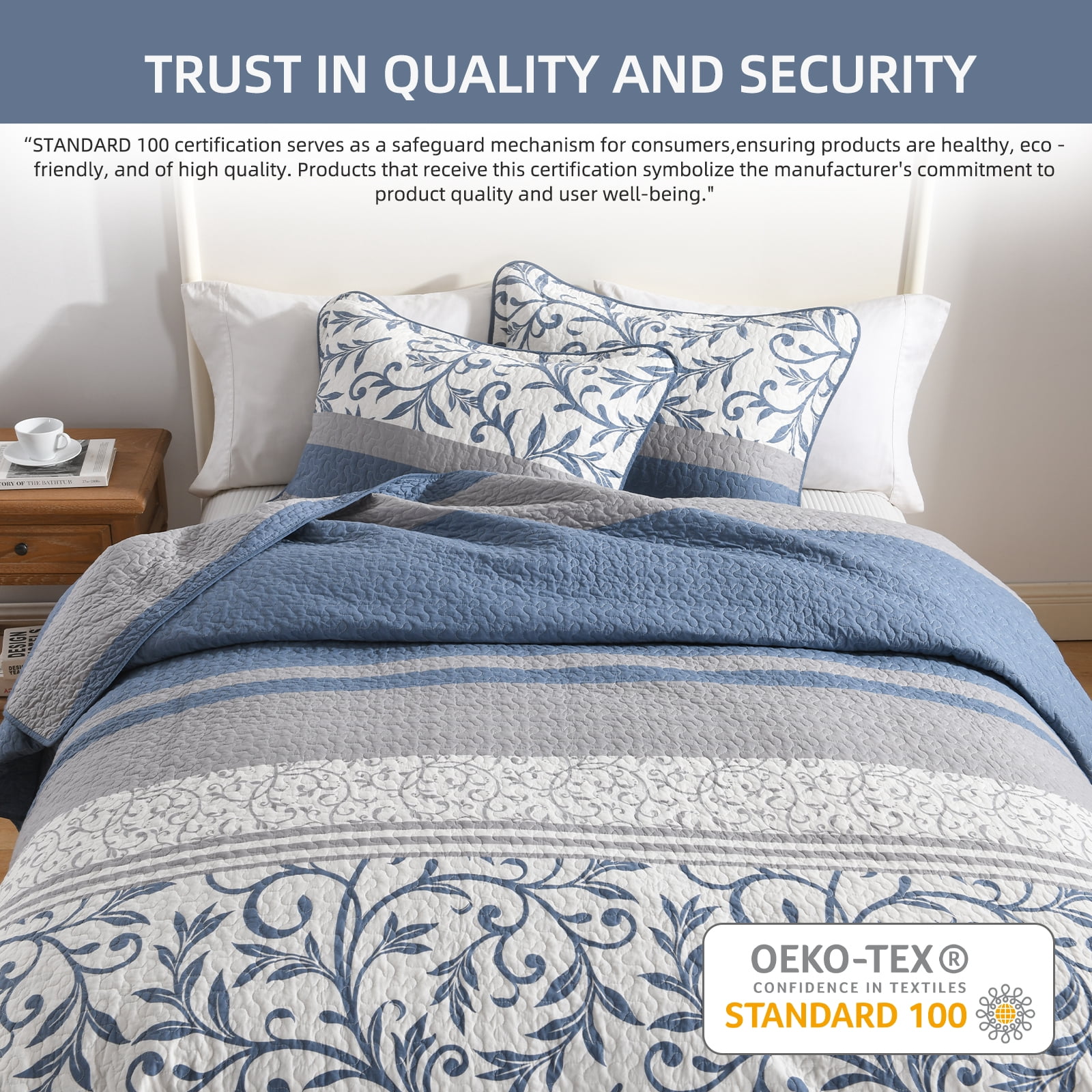 PANGUSHAN 100% Cotton King Quilt Set, Floral Striped Patterns King Size Quilt Bedding Set Bedspreads, Reversible Quilted Lightweight Comforter, Blue/Gray/White Bed Spread for King Bed, 3pcs