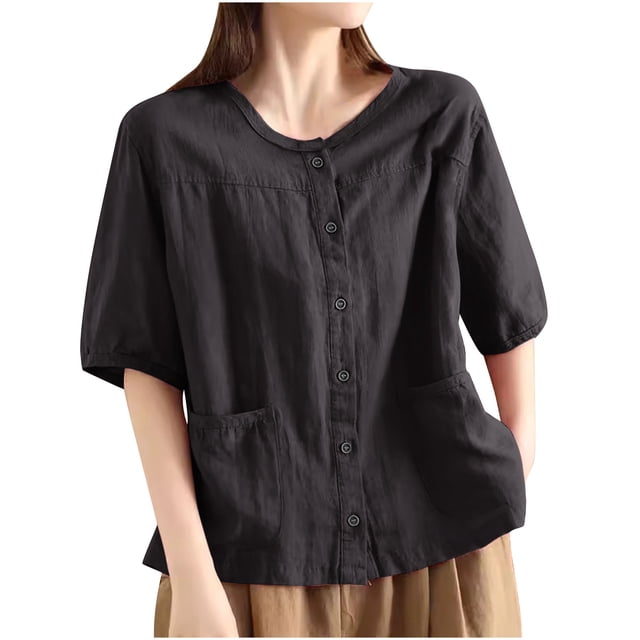 V Cuello Blusas para las Mujeres, de Moda Retro Bordado Cuello Redondo Cinco Cuartos de Manga para el Uso Casual