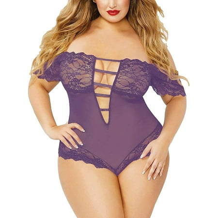 

Plus Size Lingerie for Women Sexy Off-Shoulder See Through Sheer Mesh Plunging Lace Trim Teddy