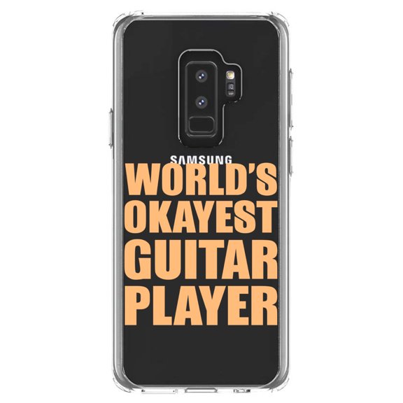 DistinctInk Clear Shockproof Hybrid Case for Samsung Galaxy S9  PLUS (6.2" Screen) - TPU Bumper Acrylic Back Tempered Glass Screen Protector - World's Okayest Guitar Player