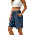thumbnail image 5 of Womens Shorts with Slits Pockets And Button Solid Color Loose Cotton Casual Wide Leg Shorts for Women, 5 of 6