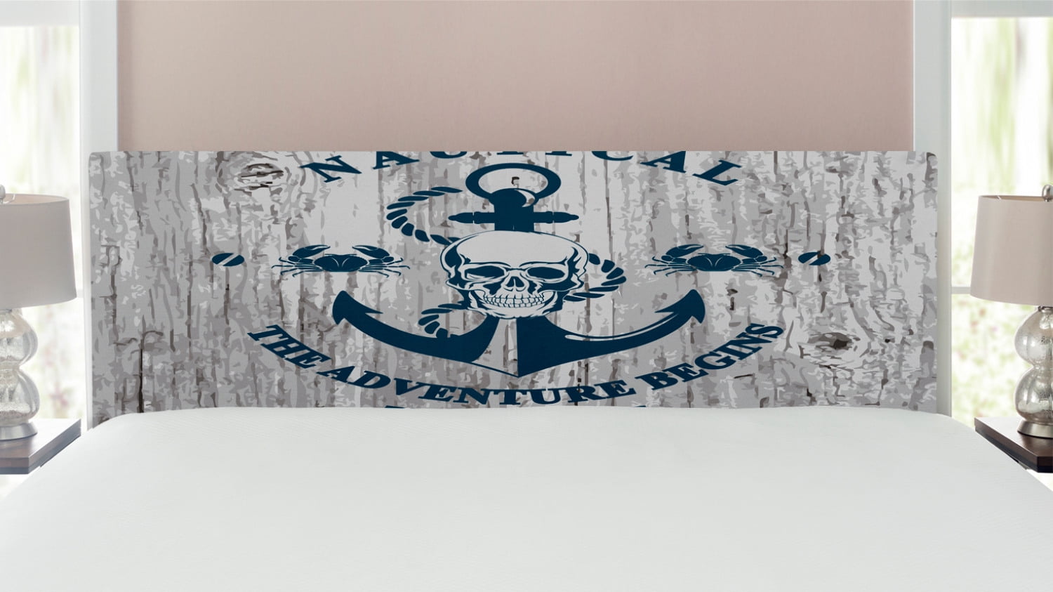 Anchor Headboard, Art Skull Rope Nautical the Adventure Begins Message