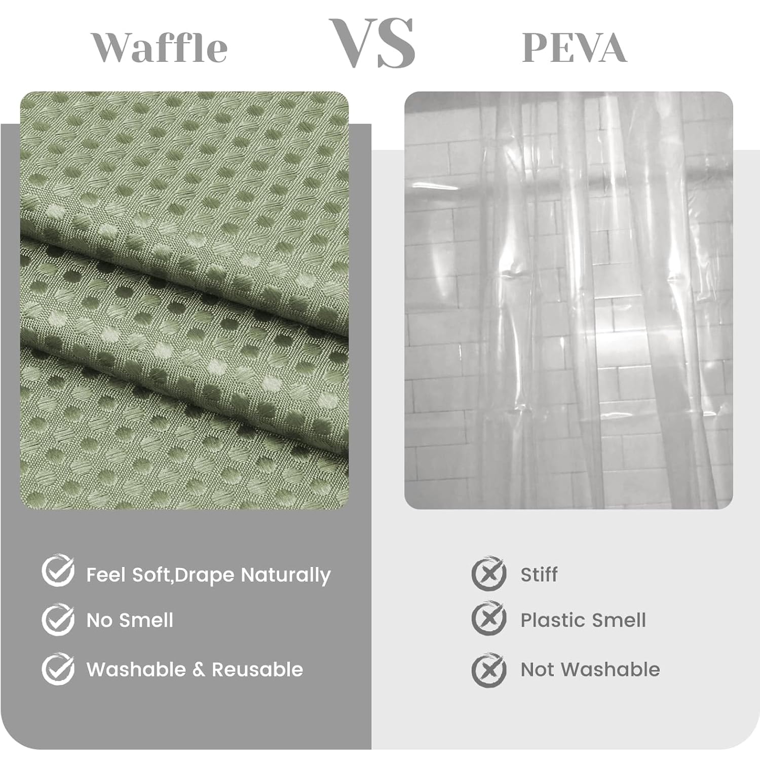 Waffle Weave Hookless Shower Curtain with Snap in Liner, DawnJoanHD Green Polyester Fabric Shower Curtains with See Through Top Window, 71" x 74"