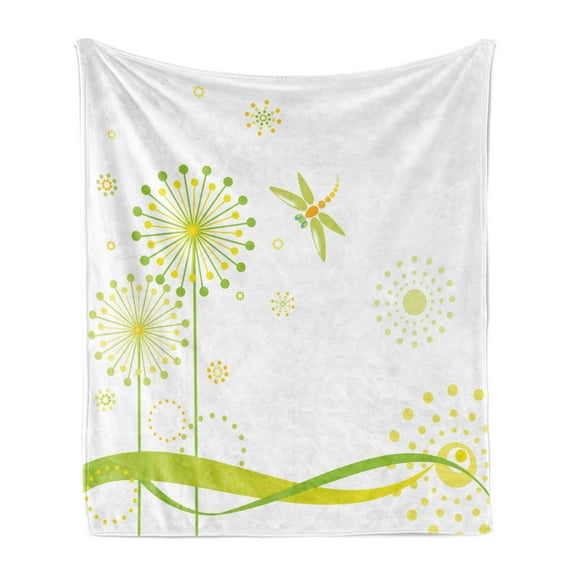 Dragonfly Soft Flannel Fleece Throw Blanket, Spring Theme with Dandelion Flowers Happiness Hope Summer Design, Cozy Plush for Indoor and Outdoor Use, 50" x 60", Lime and Apple Green, by Ambesonne