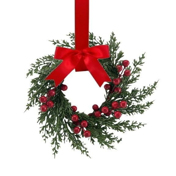10" Mini Christmas Norfolk Wreath with Red Bow & Burgundy Ribbon, Small Artificial Evergreen Kitchen Cabinet Wreath for Front Door Window Table Pillar Holiday Décor, B, Wreath
