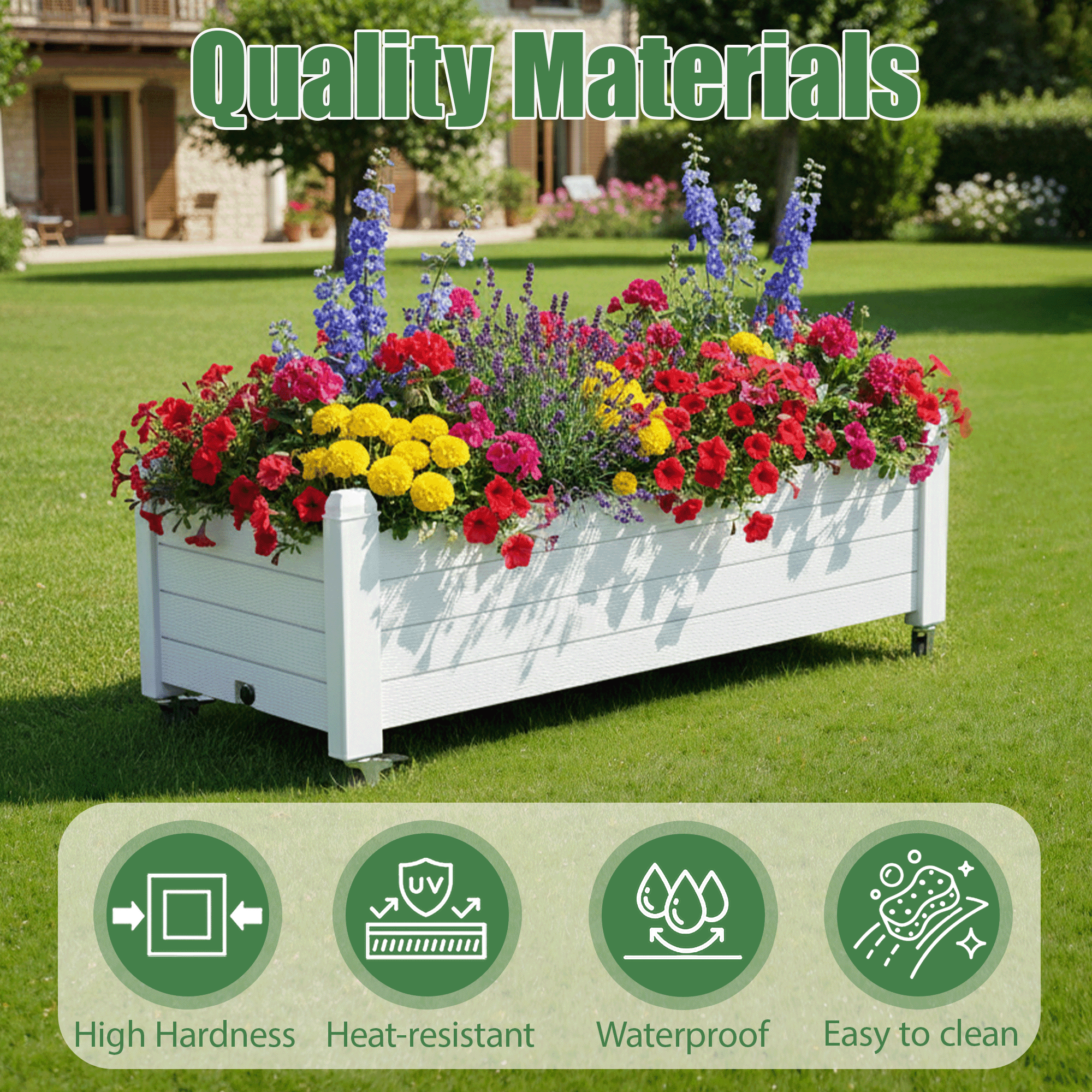Bifanuo Durable Resin Raised Garden Bed, Plant Stand with Lockable Wheels for Flowers, Vegetables,Herbs- Perfect for Backyard, Patio, and Balcony(White)