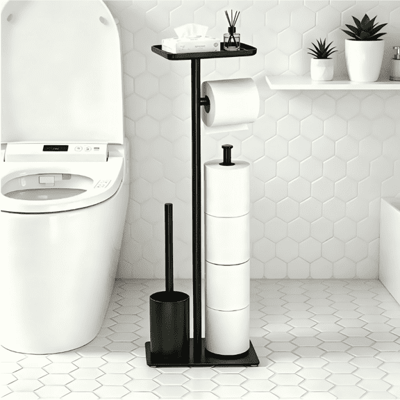 Efoee Free Standing Toilet Paper Holder with Top Storage Shelf, Toilet Paper Roll Holder Stand, Bathroom Organizers and Storage,Black