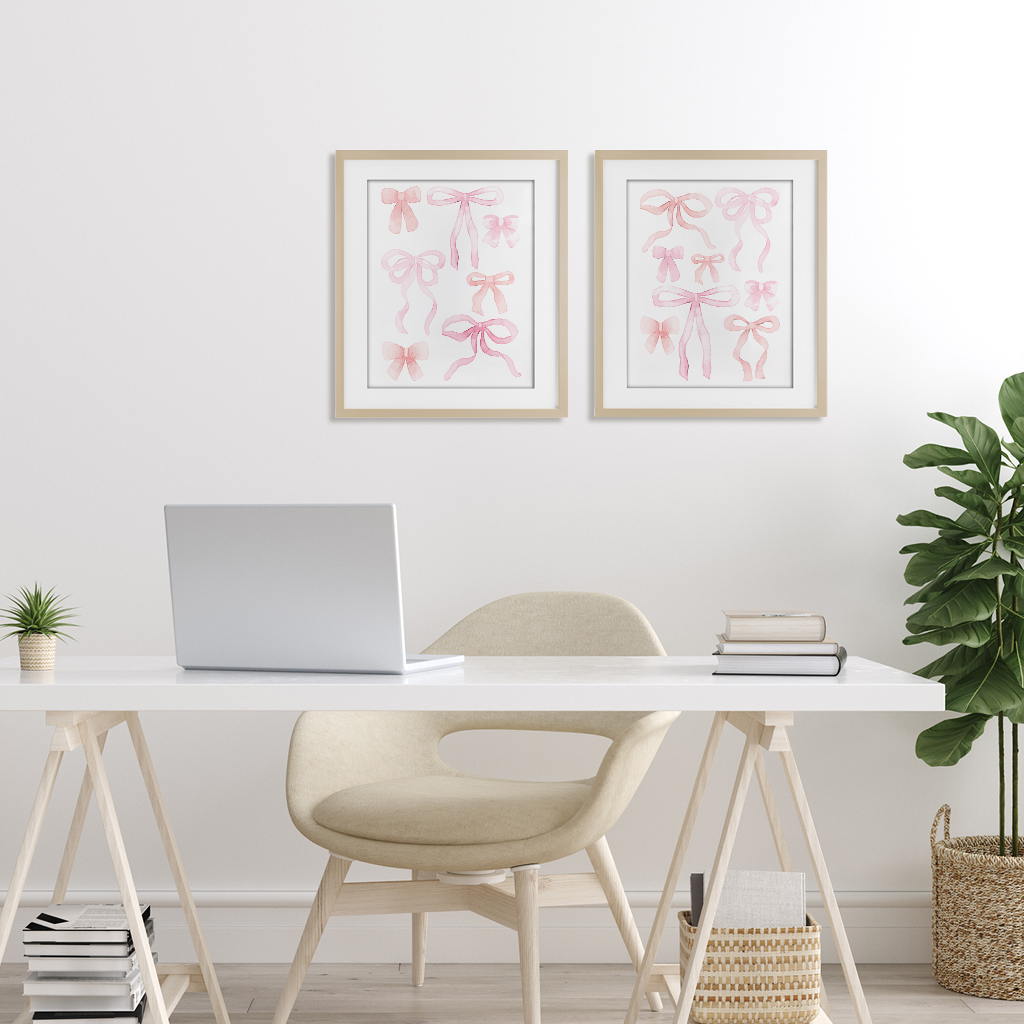 Elegant & Soft Bows 2 Piece Birch Framed Print Under Glass Set, design by Kim Allen
