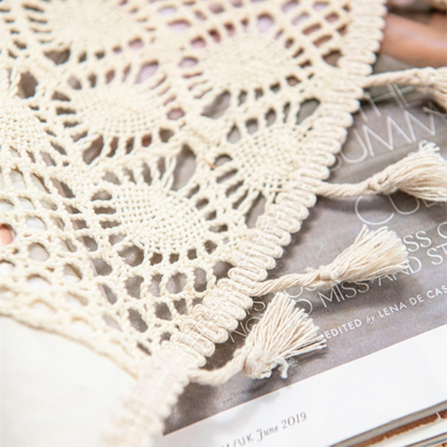 Vireellx Boho Curtains for Bedroom, Cream Hollow Crochet Stripes and Florals Print Cotton Linen Fabric Patchwork, Bohemian Beige Tassel Semi-Blackout Window Panel Farmhouse Drape
