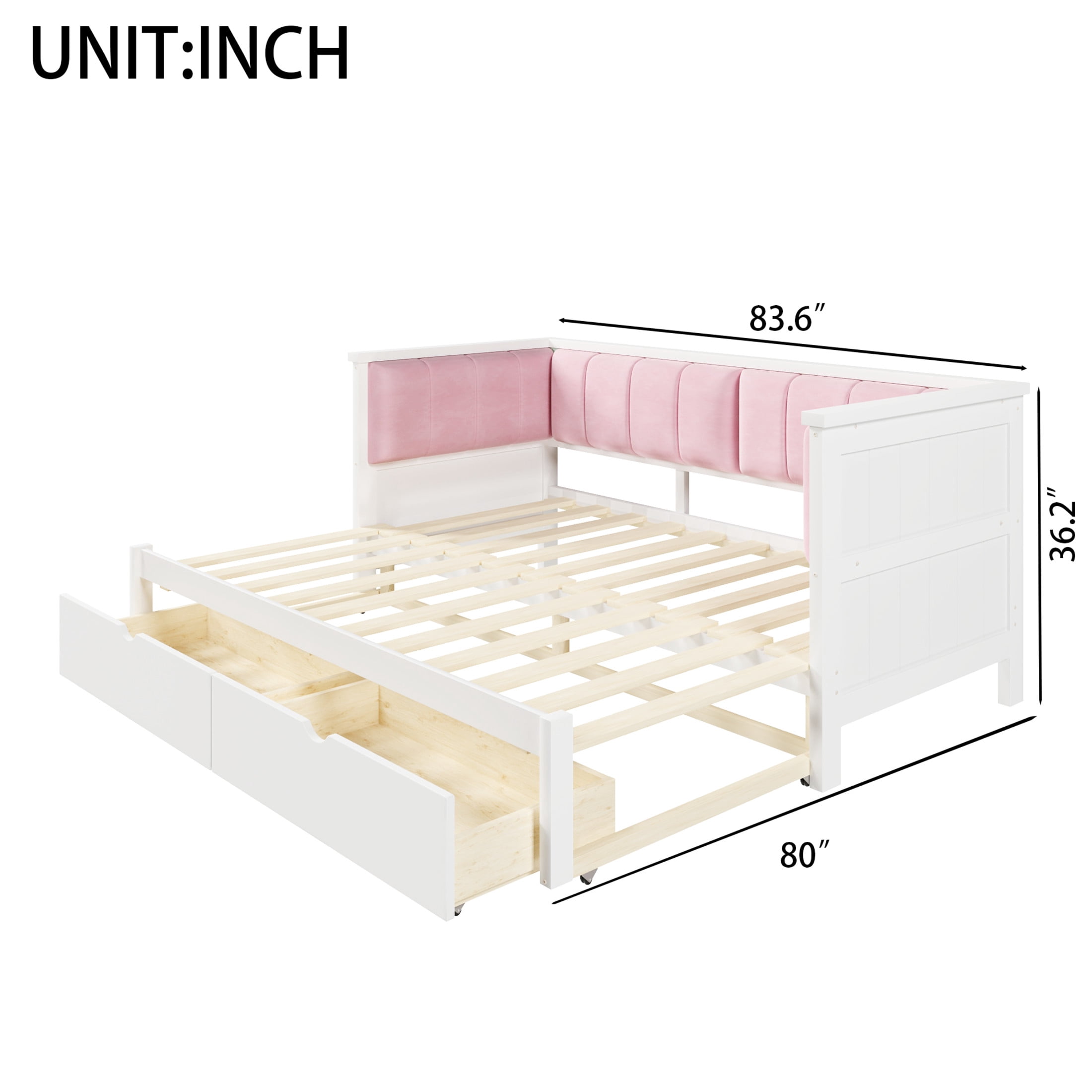 Noble House Henry Twin XL to King Size Expandable Daybed with Storage Drawers and Upholstered Backrest, White and Pink