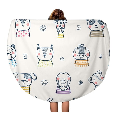SIDONKU 60 inch Round Beach Towel Blanket Yellow Crocodile Cute Scandinavian Faces Doodle Cartoon and Birds Travel Circle Circular Towels Mat Tapestry Beach Throw