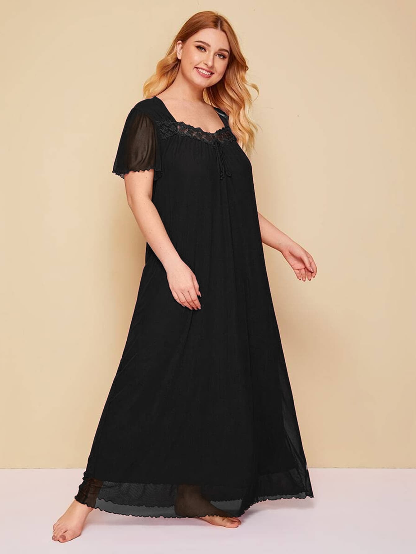 Plus Size Black Bat Sleeve Long Suede Dress Floral Detail Trim Medieval Vintage 