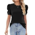 thumbnail image 2 of Women's Short Sleeve Summer Top Crewneck Pleated Puff Sleeve Blouse Ribbed Casual Shirts,Black M, 2 of 6