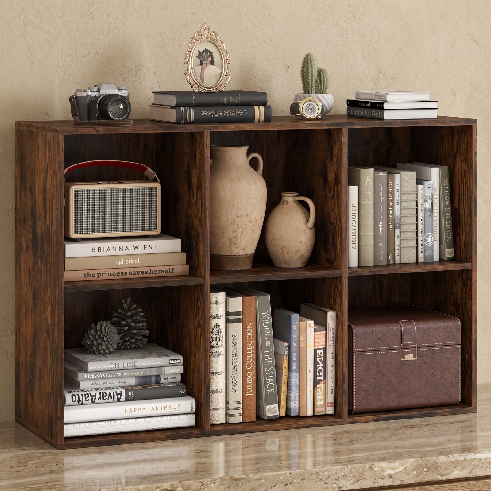 Furnibear 6-Cube Bookcase Storage Organizer with Anti-Tipping Kits, Engineered Wood Cube Bookshelf Display Shelf for Bedroom Living Room Study Room, Rustic Brown