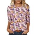 thumbnail image 2 of Easter Festive T-Shirt for Women Whimsical Bunny and Decorated Egg Pattern Crewneck Three Quarter Sleeve Casual Comfort Holiday Clothes, 2 of 5