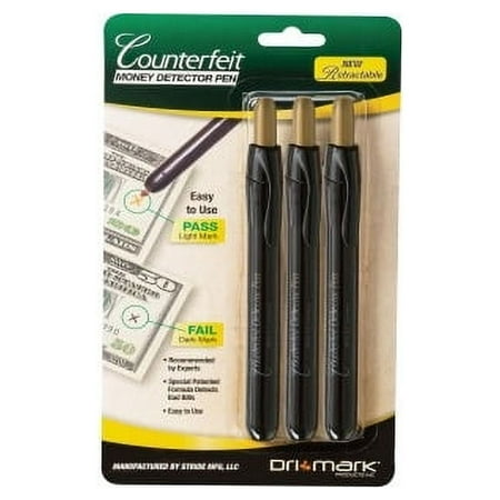 Dri Mark, DRICFDRET3B, Retractable Counterfeit Pen, 3 per Pack, Black