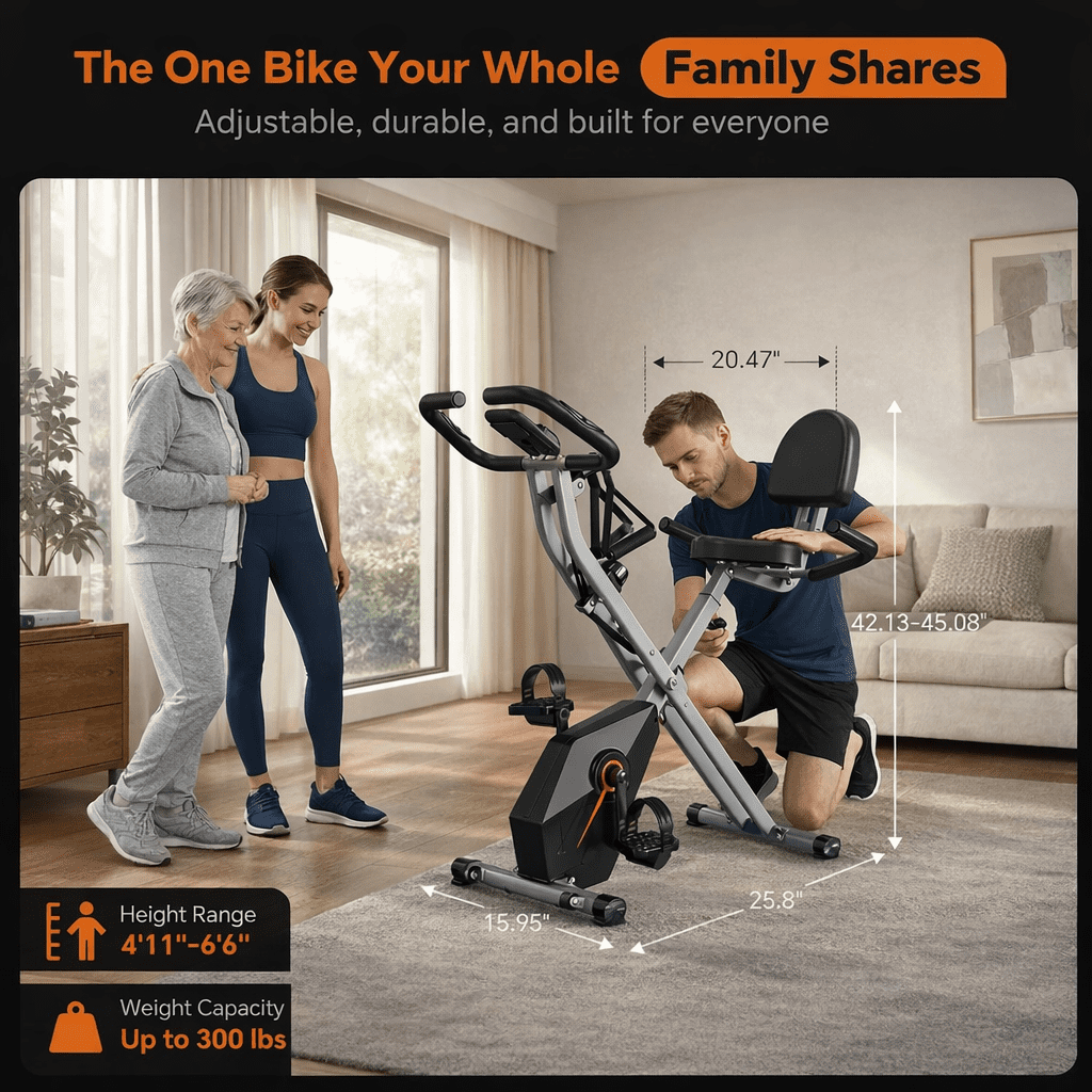 USLIM Foldable Exercise Bike for Home Cardio Workouts, 16-Level Magnetic Resistance, Resistance Bands, Backrest, LCD, 300 lb Capacity