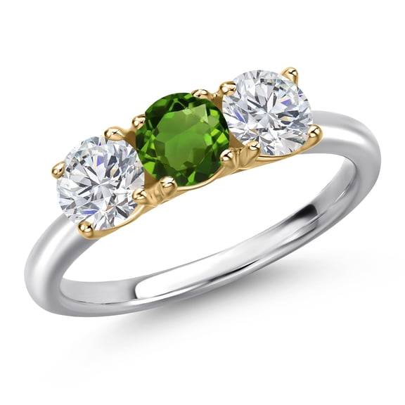 Gem Stone King 10K Two Tone Gold Green Chrome Diopside and Lab Grown Diamond Engagement Ring for Women | 1.50 Cttw | Round 5MM | Gemstone Birthstone | Size 7
