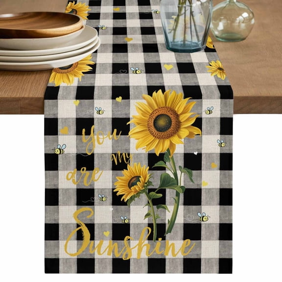 Table Runner 72 Inches Long for Kitchen Dining, Sunflower Checked Dresser Scarf Farmhouse, Dining Table Decorations for Wedding/Parties, Vintage Garden Floral Bees Farmhouse 18 x 72 In