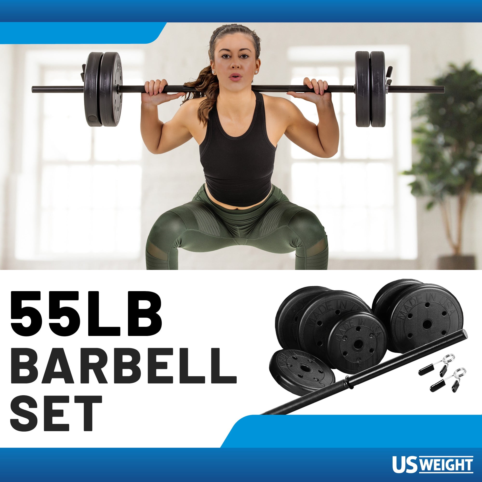 US Weight 55 lb. Barbell Weight Set with 3-Piece Threaded Barbell Bar, Two  Locking Spring Clips 