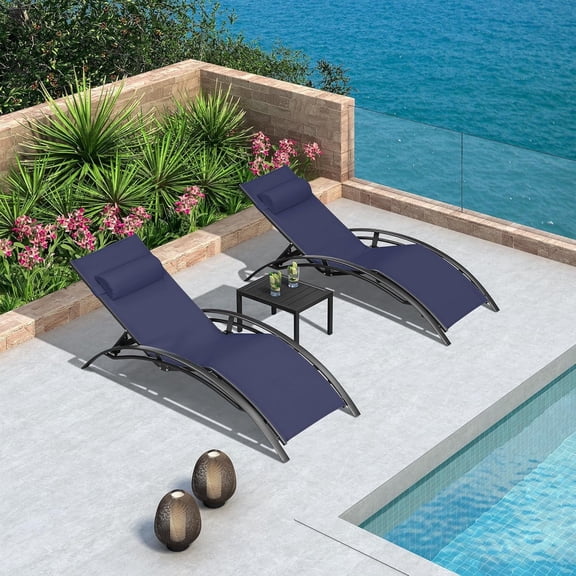 PURPLE LEAF Patio Chaise Lounge Set of 3 Outdoor Beach Pool Sunbathing Lawn Lounger Recliner Outside Tanning Chairs with Arm for All Weather, Side Table Included, Navy Blue