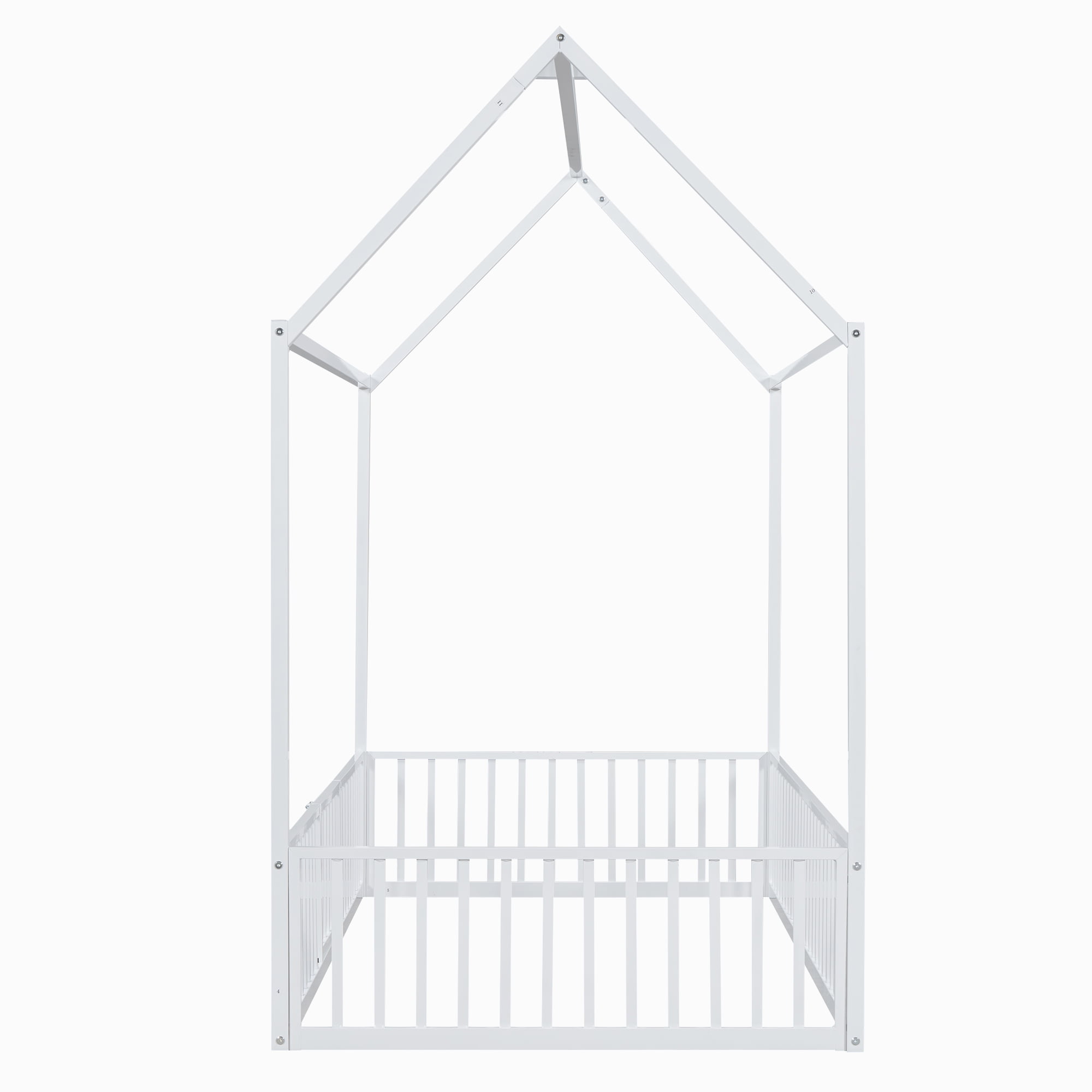 Euroco Metal Twin Size House Bed Frame, Low Profile Canopy Bed with Fence and Door, White