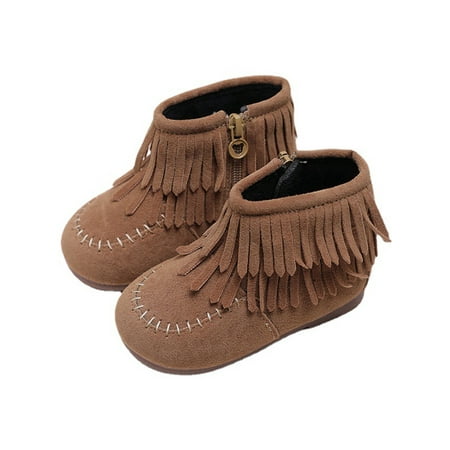 

SIMANLAN Kids Comfort Snow Booties Round Toe Cold Weather Nonslip Tassel Boots Brown 11C
