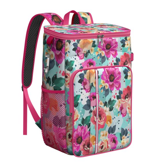 Bright Colorful Bloom Pattern Insulated Cooler Backpack, Leakproof Waterproof Lunch Backpack for Summer BBQs, Hiking, Fishing