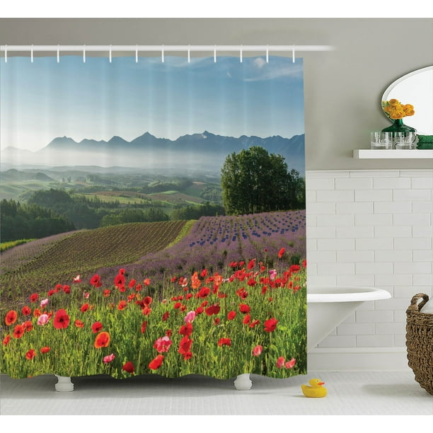 Poppy Decor Shower Curtain Set Flower Lavender Farm Foggy Poppy Flower Lavender Farm Foggy